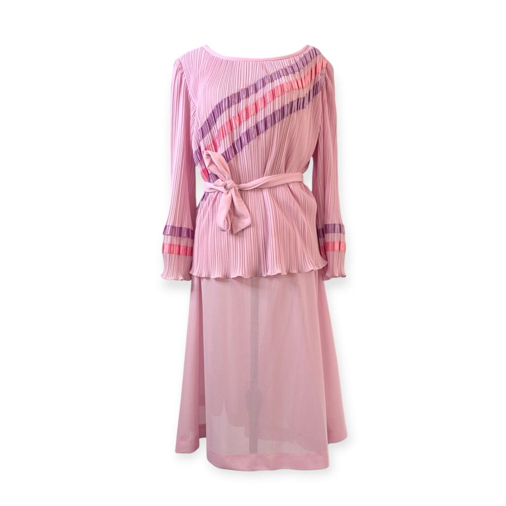70s 80s Pink Purple Angel Wing Sleeve Pleated Chiffon Disco Midi Dress